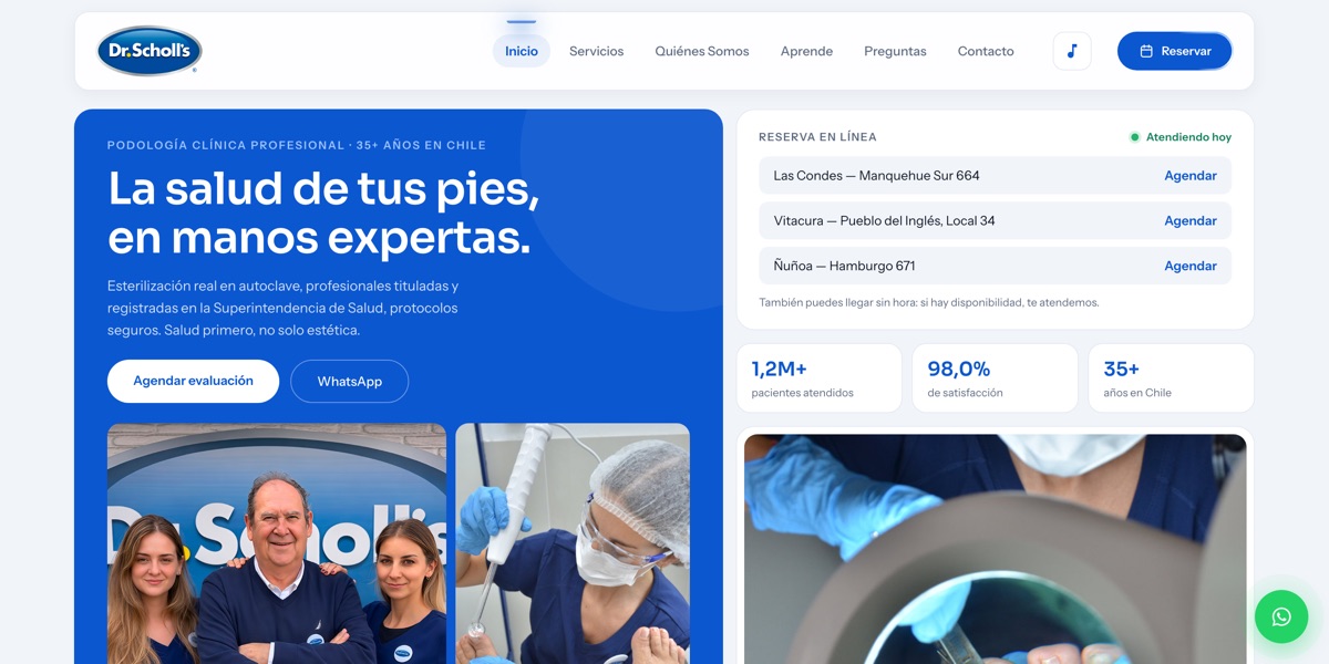 Sitio web de Dr. Scholl's Chile, podología clínica con reserva en línea